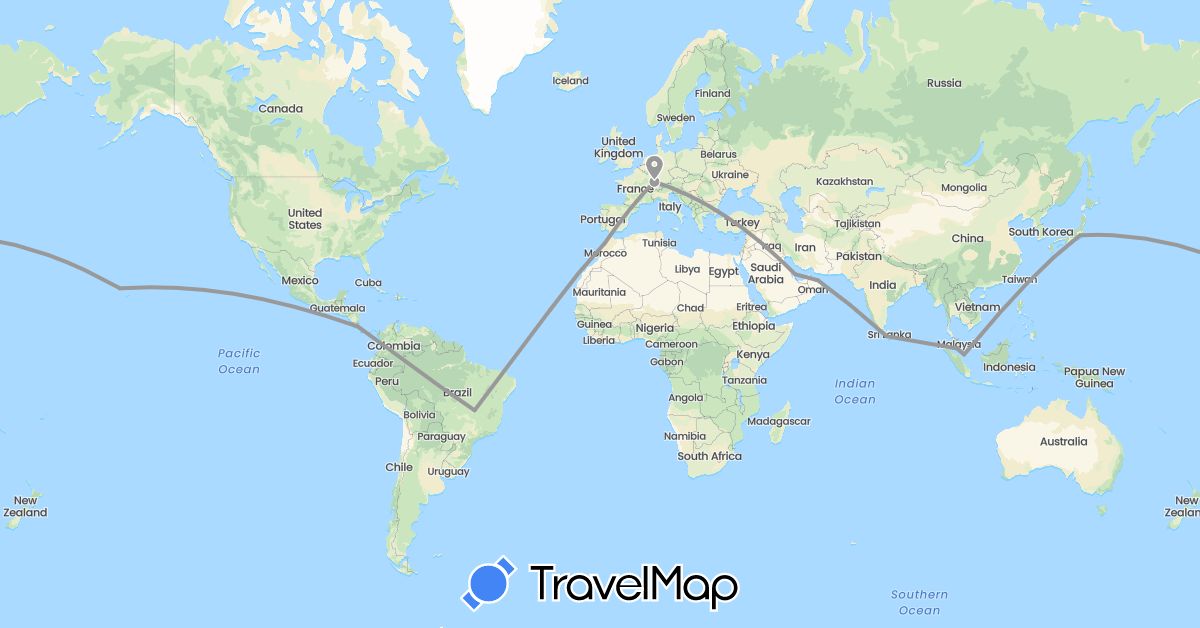 TravelMap itinerary: driving, plane in Brazil, Costa Rica, Cape Verde, Germany, Japan, Sri Lanka, Morocco, Malaysia, Oman, Qatar, Singapore, United States (Africa, Asia, Europe, North America, South America)